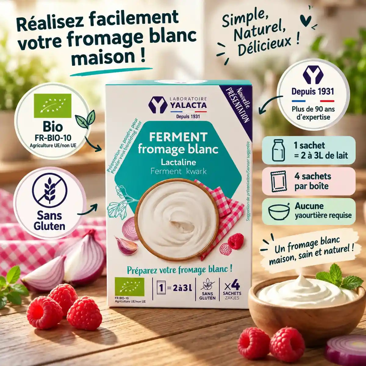 Lactaline fromage blanc bio Yalacta en sachets sur surface bois avec fruits frais et certifications