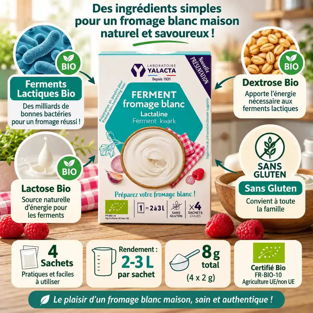 Lactaline Yalacta fromage blanc bio sachets avec ferments lactiques et certification sans gluten