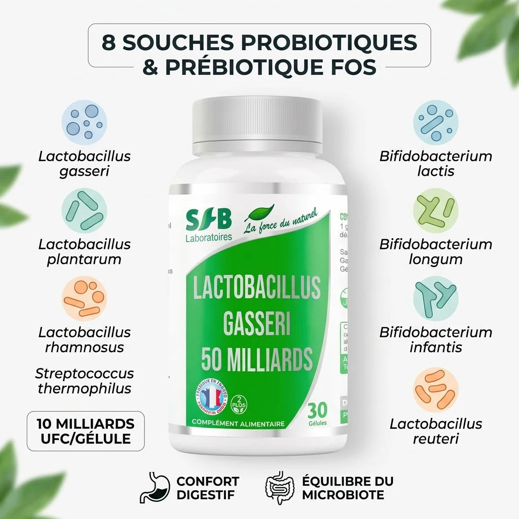 Flacon Lactobacillus L-Gasseri 30 gélules SFB Laboratoires avec 8 souches probiotiques et composition détaillée