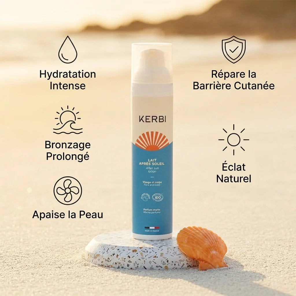 Lait après-soleil Kerbi 100g avec bénéfices hydratation et bronzage prolongé sur fond doré