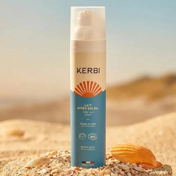 Lait après-soleil Kerbi 100g hydrate bronzage sur fond plage