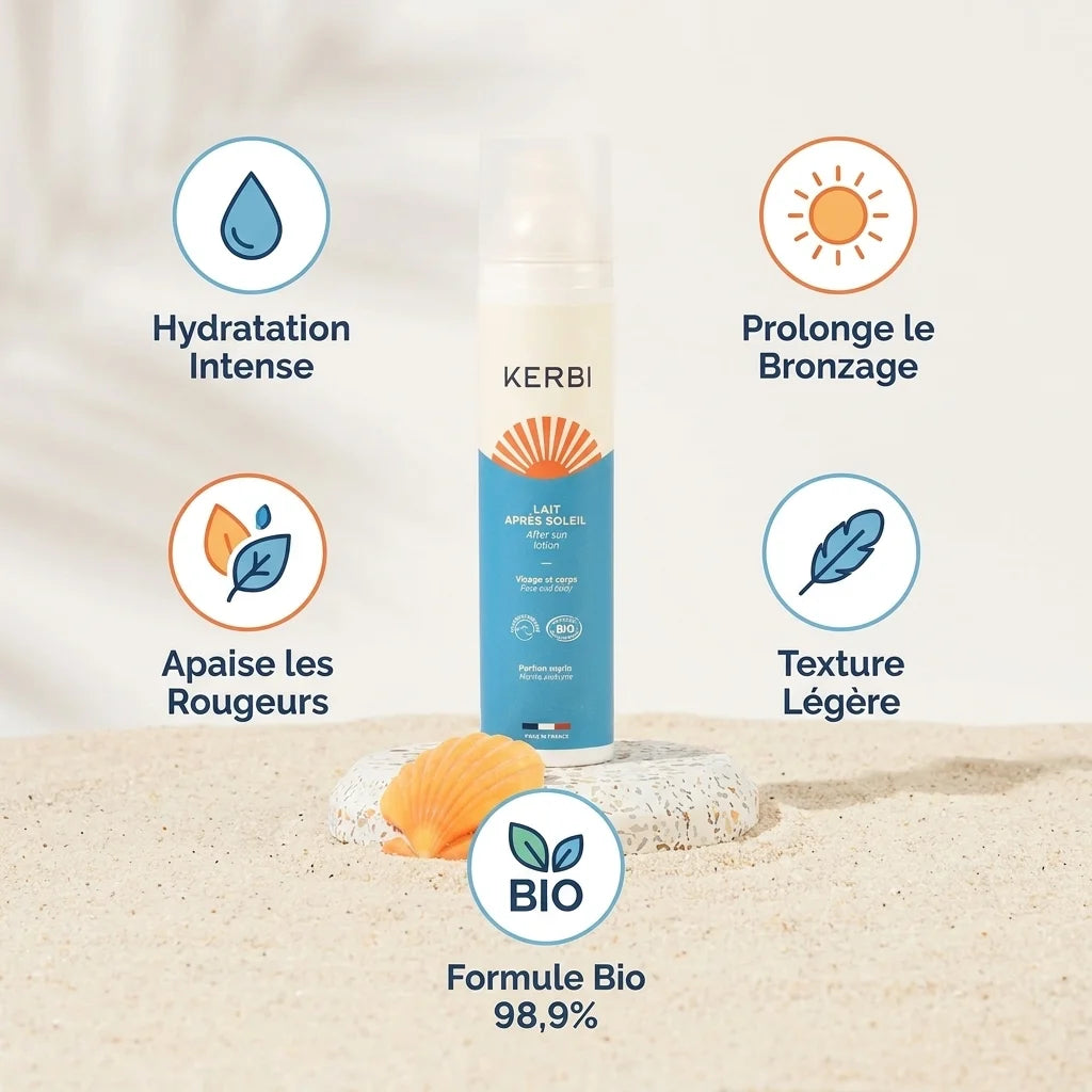 Kerbi lait après soleil 50g avec bénéfices hydratation et prolonge bronzage sur fond plage