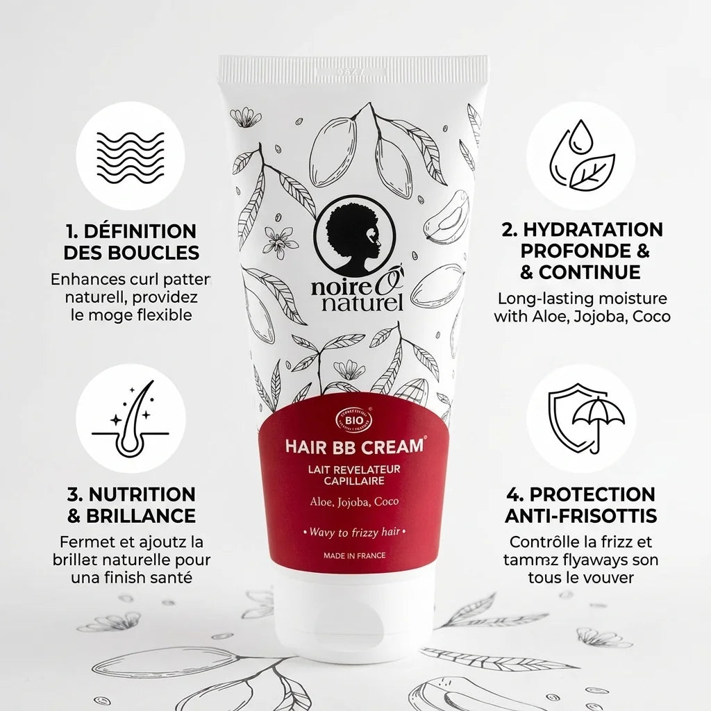 Lait capillaire Noire Ô Naturel 200ml avec bénéfices hydratation, définition boucles et anti-frisottis