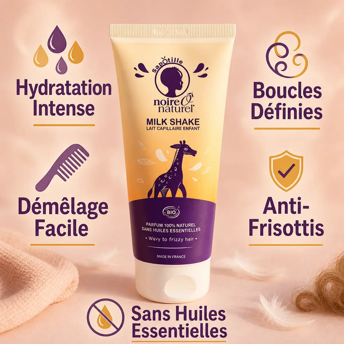 Lait capillaire enfant Noire Ô Naturel 200ml sans rinçage, hydratation et démêlage pour boucles définies