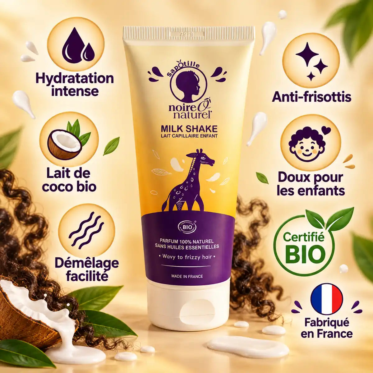 Lait capillaire enfant sans rinçage Noire Ô Naturel 200ml, avec lait de coco bio, pour hydrater et démêler en douceur les cheveux bouclés