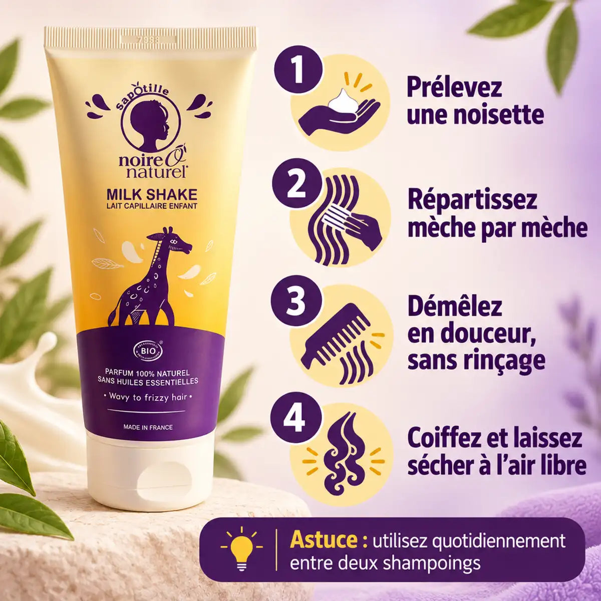 Lait capillaire enfant sans rinçage Noire Ô Naturel 200ml, avec 4 étapes d'utilisation illustrées pour démêler en douceur
