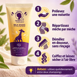 Lait capillaire enfant sans rinçage Noire Ô Naturel 200ml, avec 4 étapes d'utilisation illustrées pour démêler en douceur