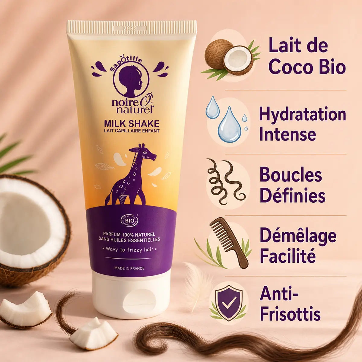 Lait capillaire enfant Noire O Naturel 200ml sans rinçage avec ingrédients bio