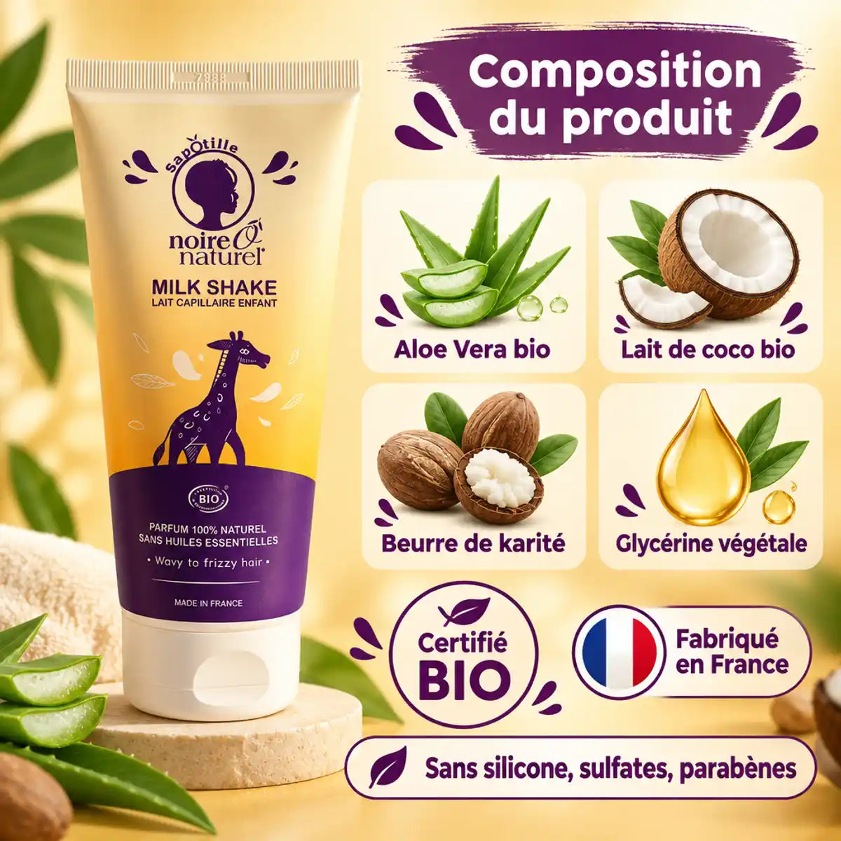 Lait capillaire enfant sans rinçage Noire Ô Naturel 200 ml et sa composition : aloe vera, lait de coco, karité bio