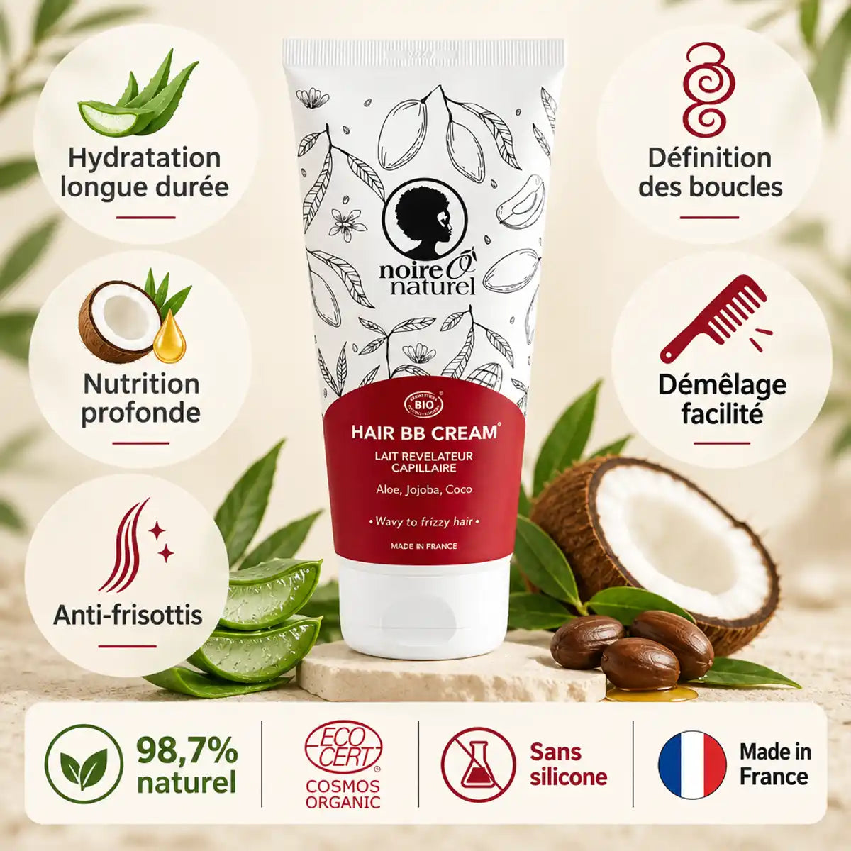Lait capillaire Noire Ô Naturel 200ml pour cheveux frisés à crépus : hydratation, définition et anti-frisottis