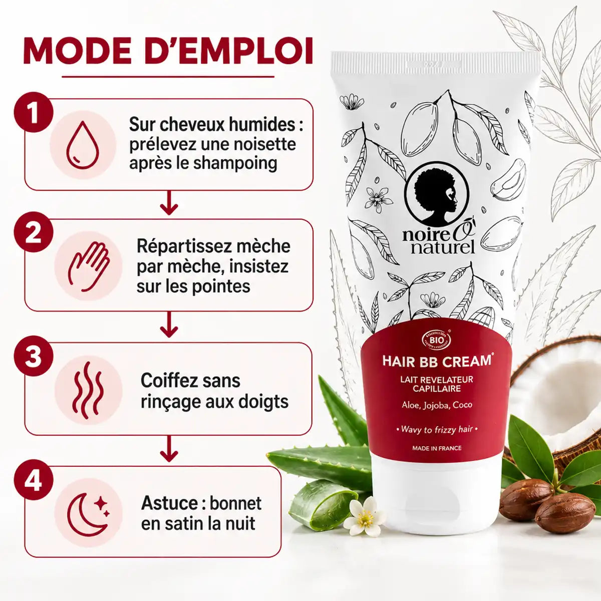 Lait capillaire Noire Ô Naturel pour cheveux frisés à crépus, 200ml, et mode d'emploi en 4 étapes sur fond blanc