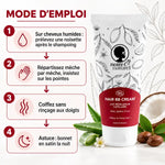 Lait capillaire Noire Ô Naturel pour cheveux frisés à crépus, 200ml, et mode d'emploi en 4 étapes sur fond blanc