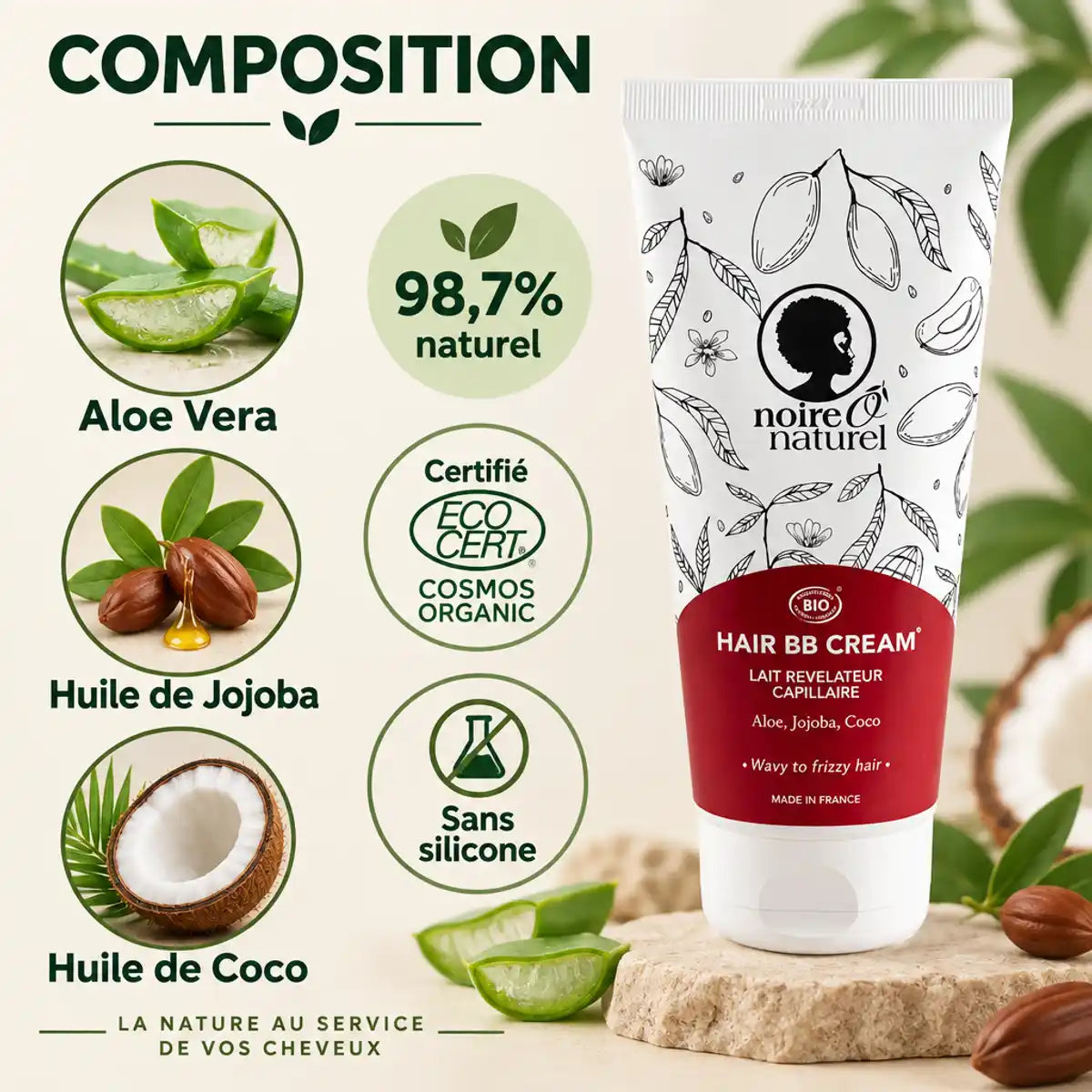 Lait capillaire Noire Ô Naturel pour cheveux frisés à crépus, aloe vera, jojoba et coco, certifié COSMOS