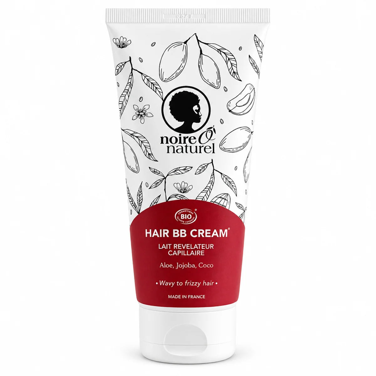 Lait capillaire Noire Ô Naturel 200ml pour cheveux frisés à crépus : tube blanc, étiquette rouge et badge BIO