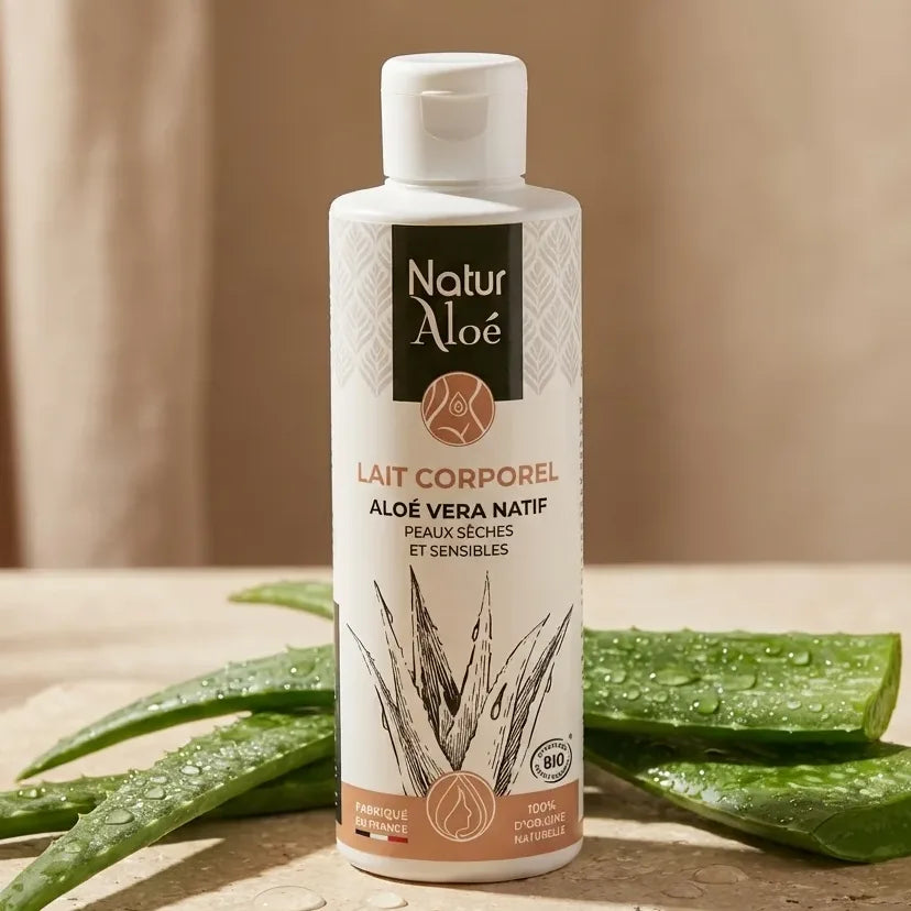 Lait corporel bio Naturaloé 200ml avec feuilles d'aloe vera fraîches et gouttes d'eau