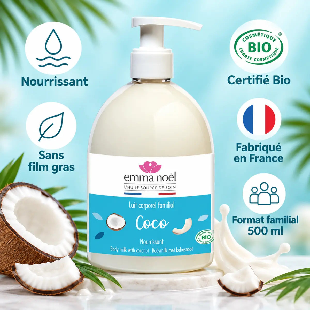 Lait corporel Coco Emma Noël 500 ml : flacon à pompe turquoise, noix de coco, feuilles tropicales sur fond studio clair