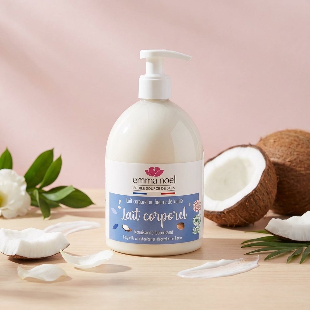 Lait corporel Coco Emma Noël 500ml avec élément botaniques, fond rose spa
