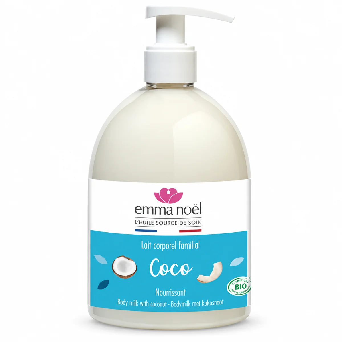 Lait corporel Coco 500 mL Emma Noël : flacon pompe à étiquette bleu turquoise sur fond blanc
