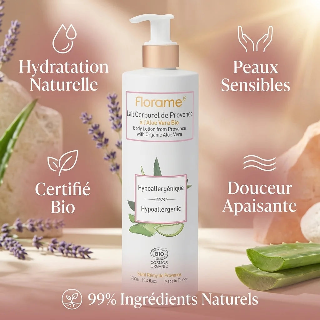 Flacon lait corporel Florame bio 400ml avec bénéfices : hydratation, peaux sensibles, certification bio