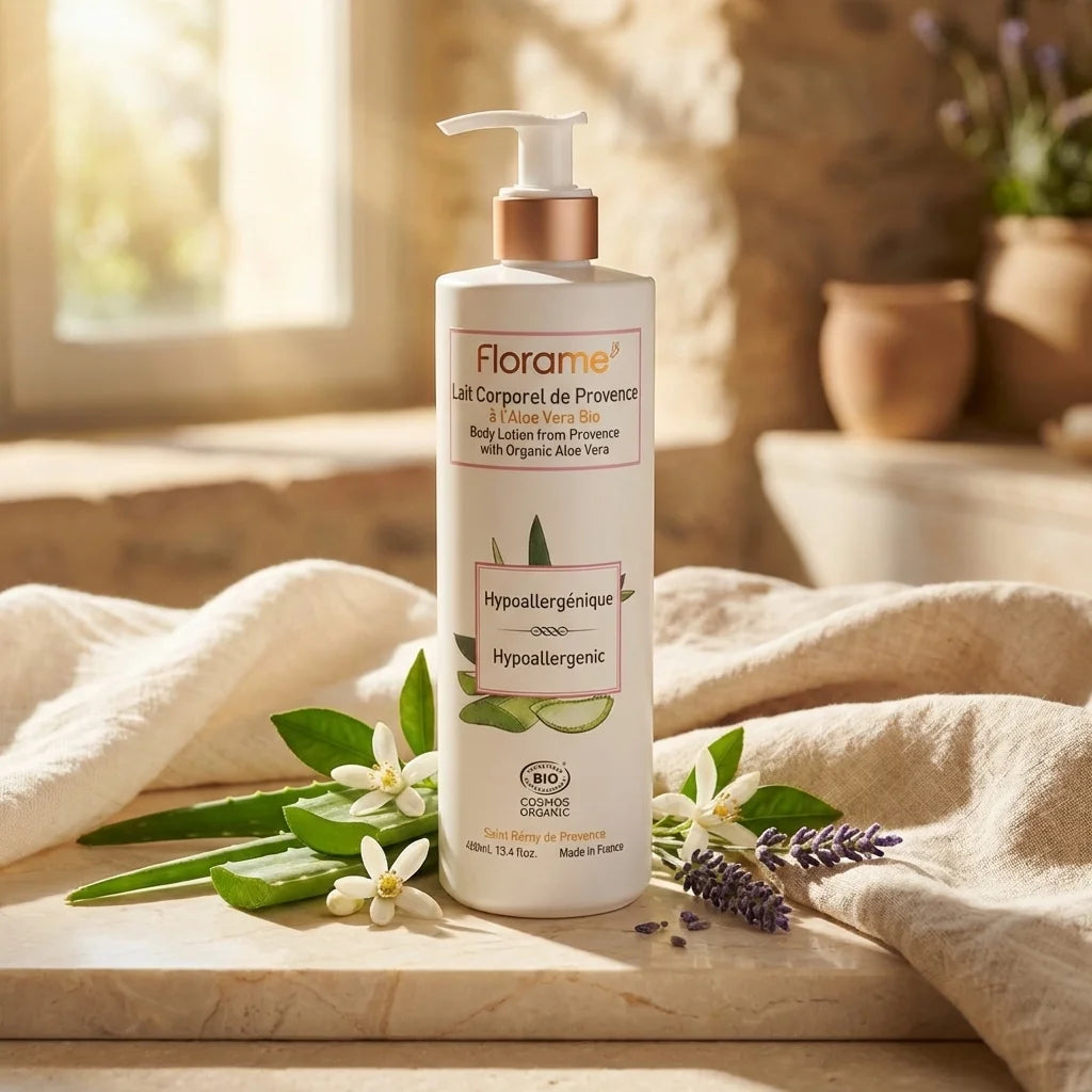 Lait corporel bio Florame 400ml avec pompe blanche entouré de feuilles d'aloe vera et fleurs d'oranger