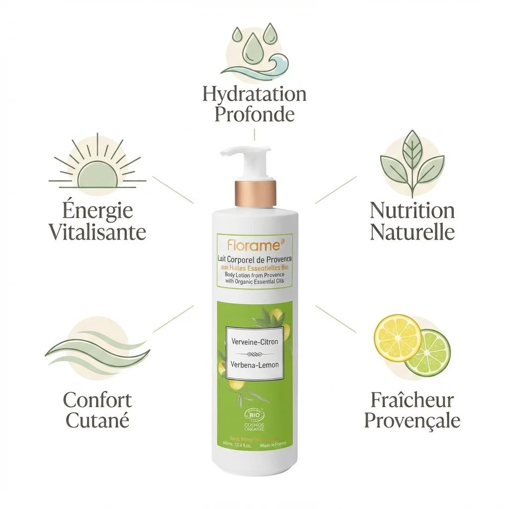 Lait corporel Florame Verveine Citron Bio 400ml avec ses 5 bénéfices : hydratation, énergie, nutrition