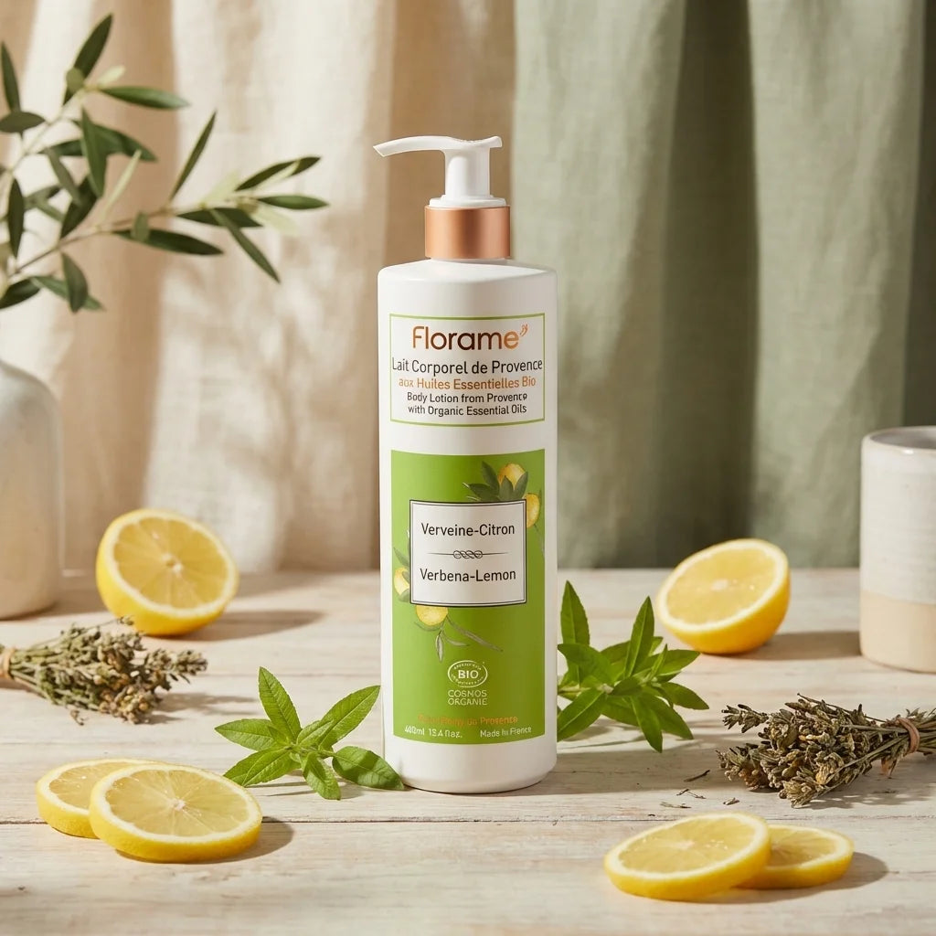 Lait corporel Florame Verveine Citron bio 400ml avec citrons frais et herbes de Provence