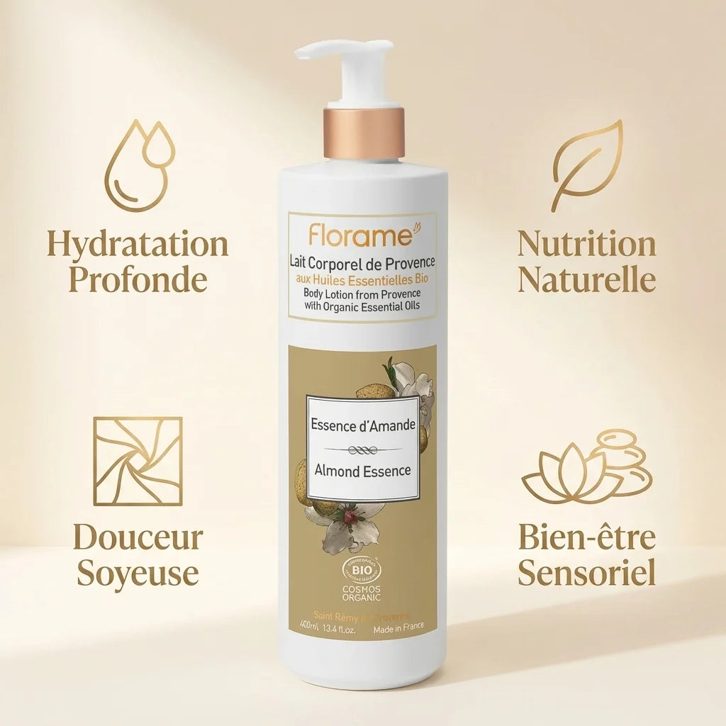 Lait Corporel Essence d'Amande Bio Florame 400ml avec bénéfices hydratation et nutrition naturelle