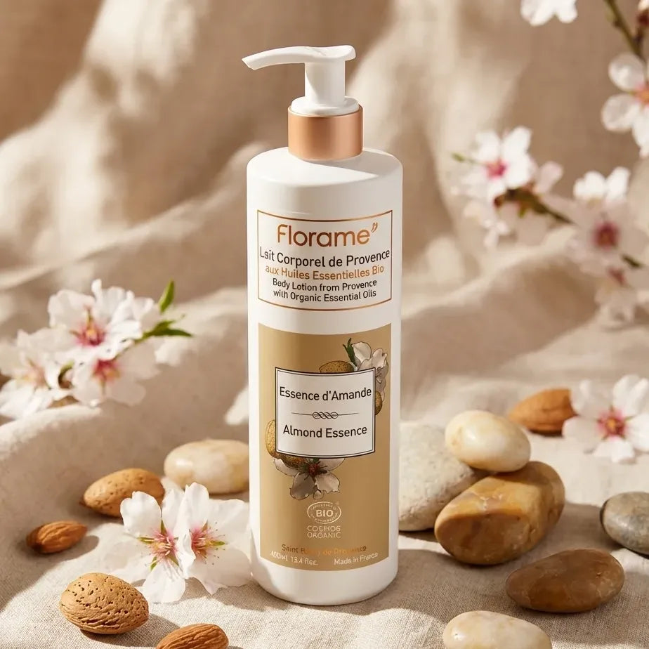 Lait corporel essence d'amande bio Florame 400ml avec fleurs d'amande et galets