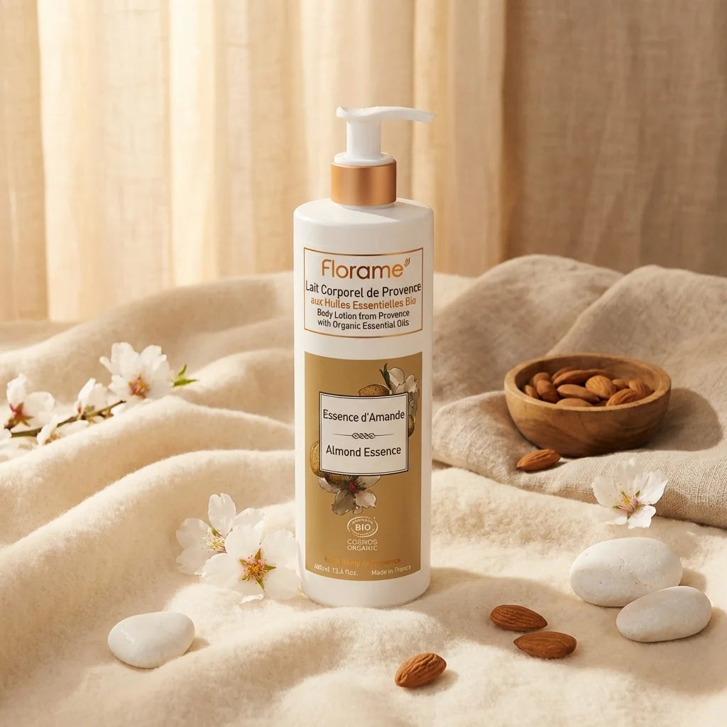 Lait corporel amande bio Florame 400ml avec fleurs d'amande et tissu coton naturel