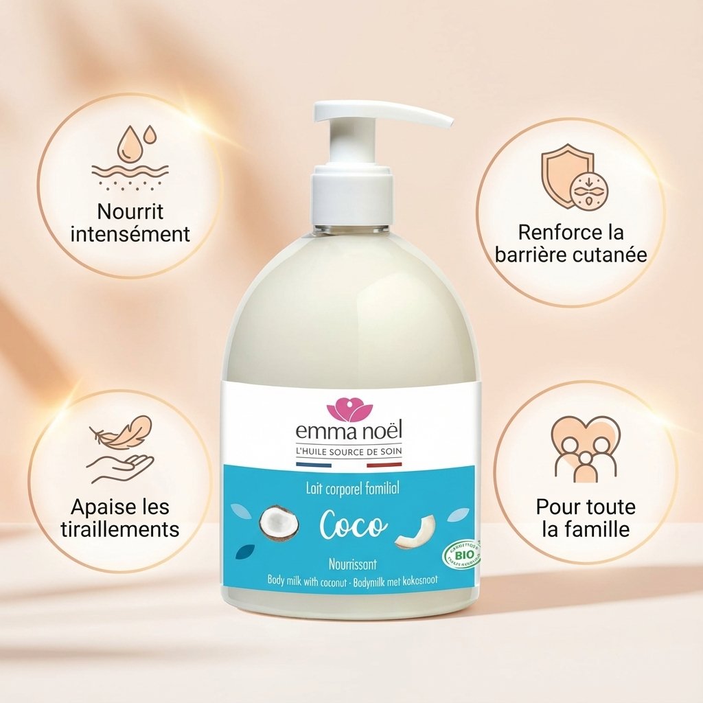 Lait corporel beurre de karité bio Emma Noël 500mL avec bénéfices hydratation famille
