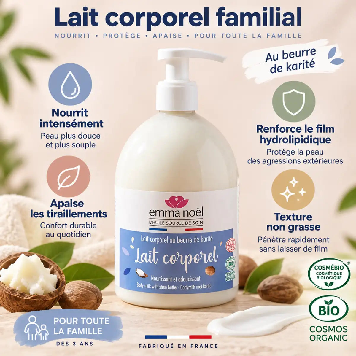 Lait corporel familial au beurre de karité bio Emma Noël 500 mL : flacon pompe blanc, étiquette lilas, bénéfices nourrissants et certification Cosmébio