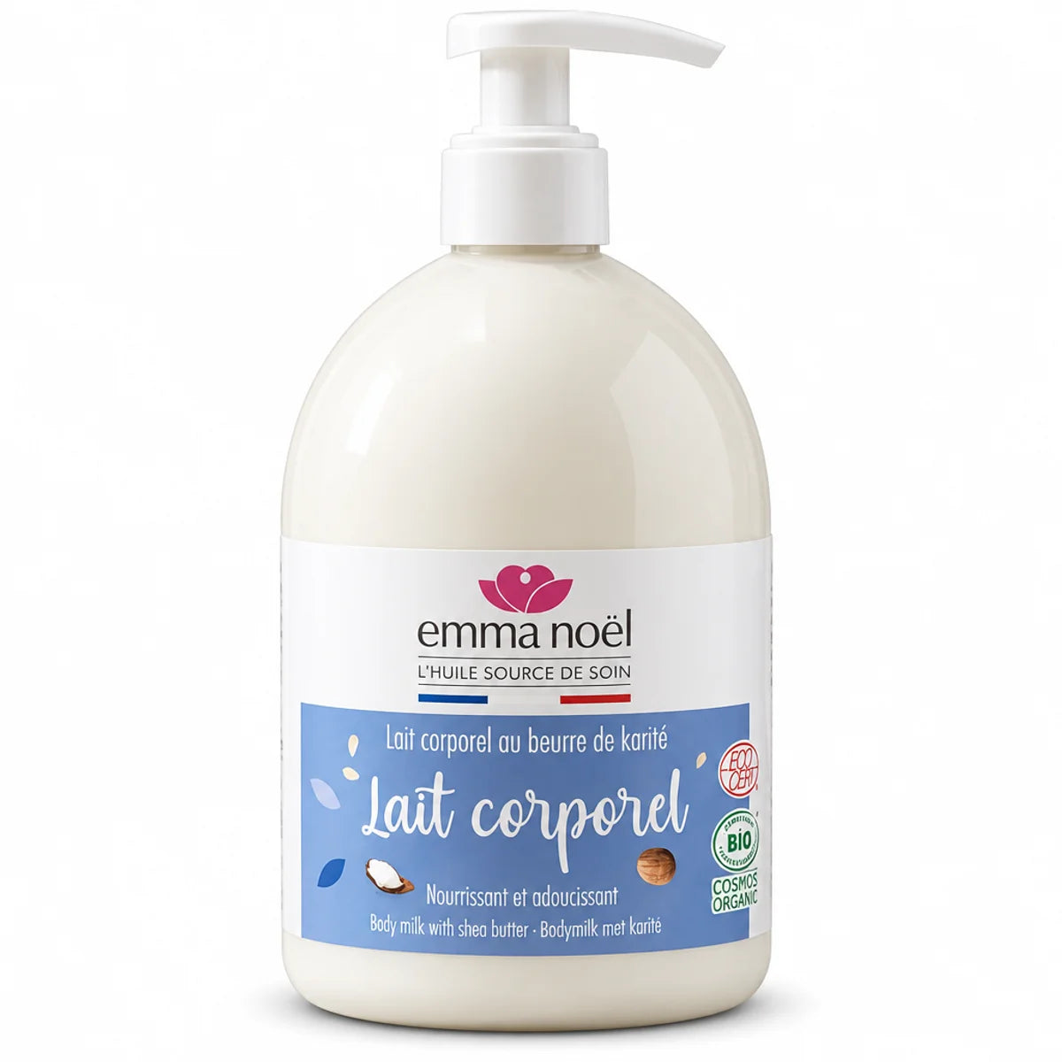Lait corporel familial bio au beurre de karité Emma Noël 500 mL, flacon pompe blanc sur fond blanc