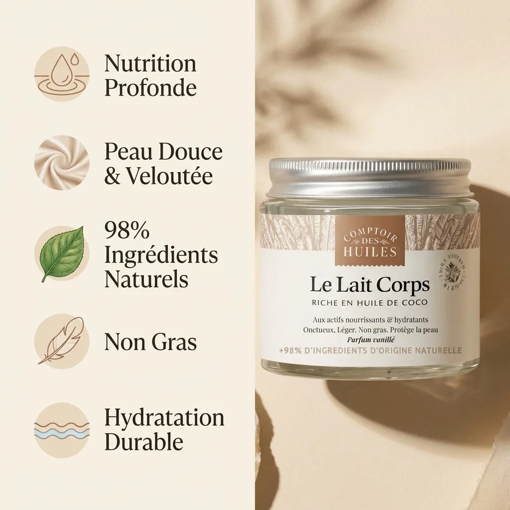 Lait corps coco 100ml Comptoir des Huiles avec infographie bénéfices et ingrédients naturels