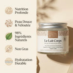 Lait corps coco 100ml Comptoir des Huiles avec infographie bénéfices et ingrédients naturels