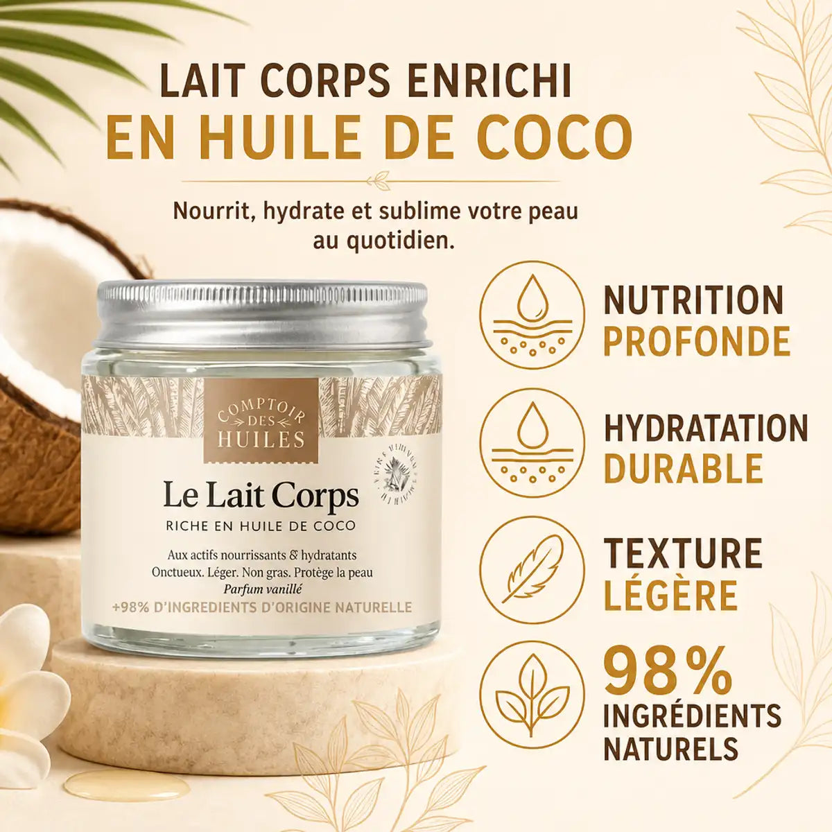 Lait Corps Huile de Coco Comptoir des Huiles 100ml - Hydratation naturelle et nutrition profonde