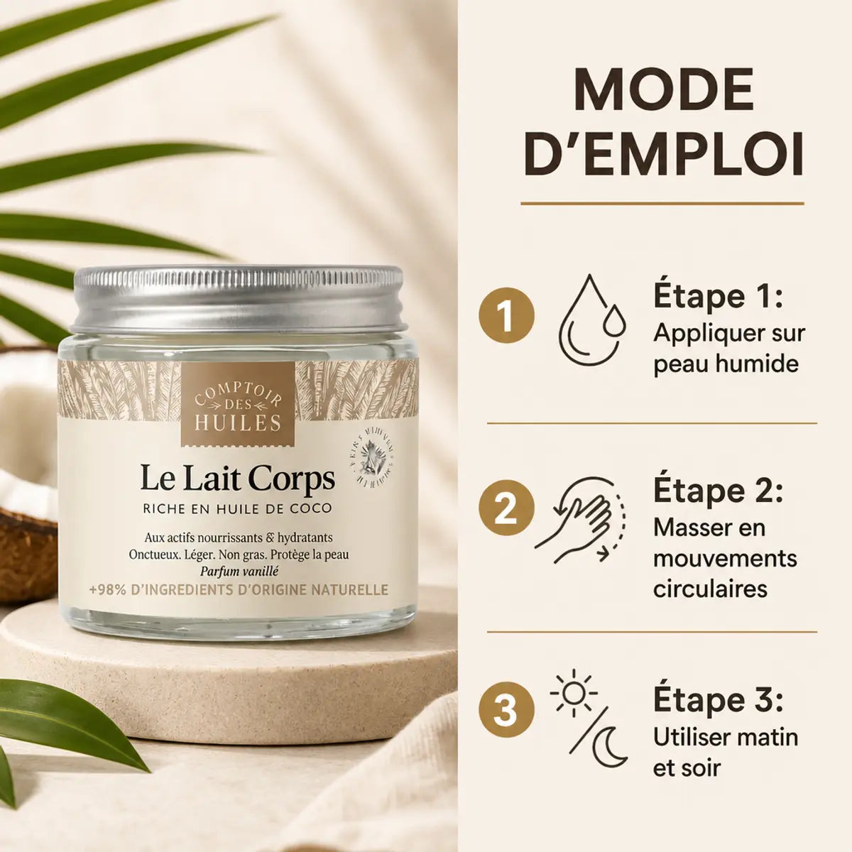 Lait Corps Huile de Coco 100ml Comptoir des Huiles avec mode d'emploi et instructions d'application