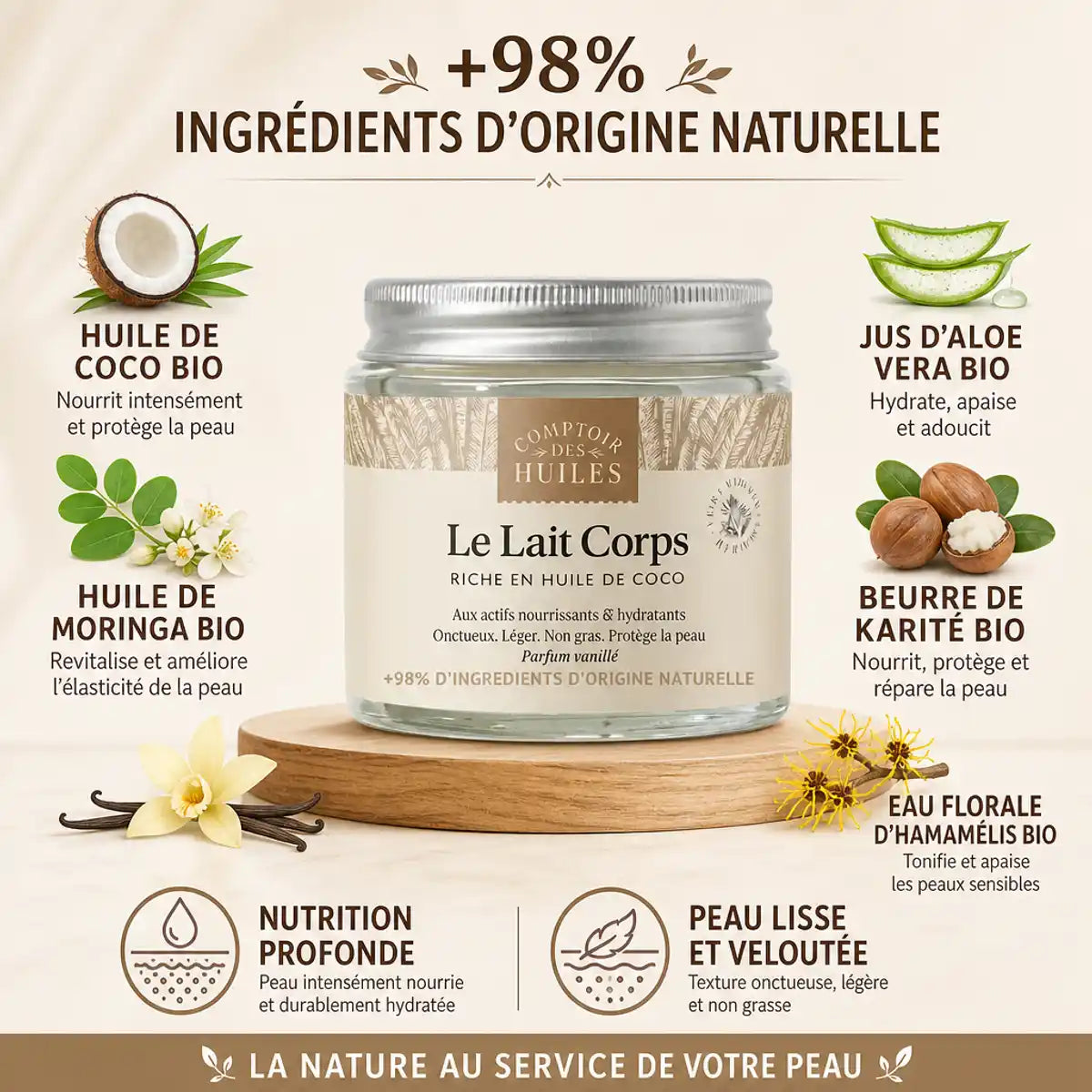 Lait corps Comptoir des Huiles à l'huile de coco bio, 100ml, ingrédients naturels