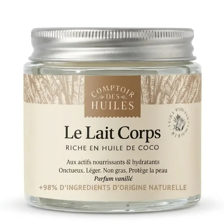 Lait Corps Huile de Coco Comptoir des Huiles 100ml pot verre fond blanc