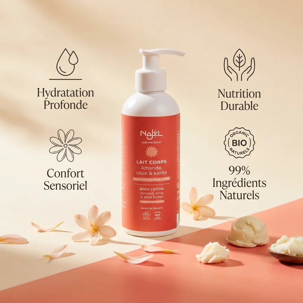 Lait Corps Fleur de Tiaré Bio 200ml Najel - Hydratation naturelle en packaging blanc et rouge