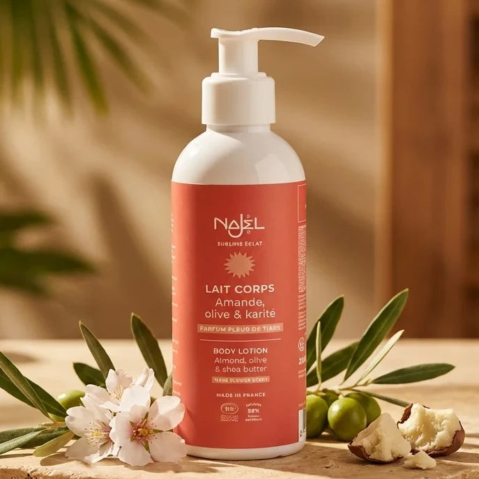 Lait corps Fleur de Tiaré Bio Najel 200ml avec fleurs d'amande et branches d'olivier