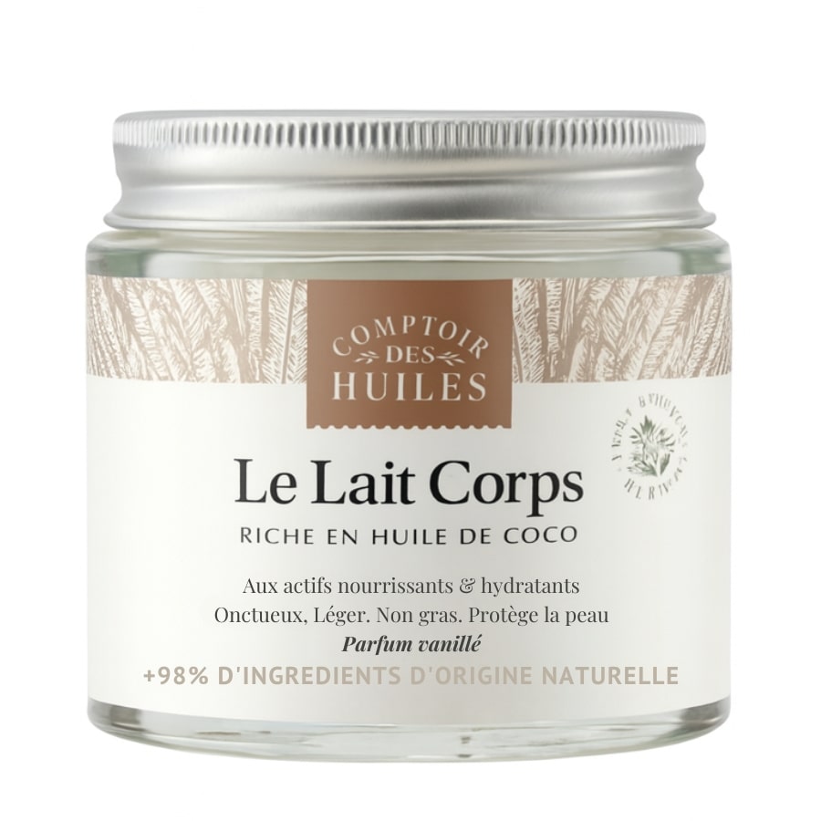Un pot de Lait Corps enrichi en Huile de Coco de 100 ml de Comptoir des Huiles