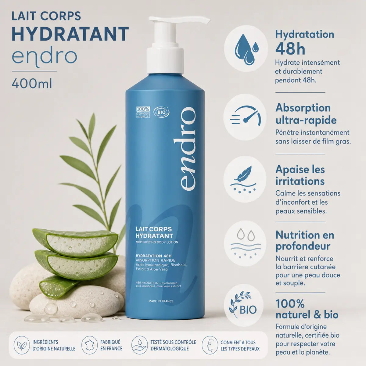 Lait Corps Hydratant Endro 400ml avec 5 bénéfices: hydratation, absorption rapide, apaisement et nutrition naturelle