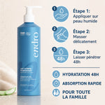 Lait corps hydratant Endro 400ml avec guide d'application et bénéfices hydratation 48h