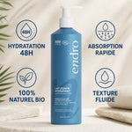 Lait corps hydratant Endro 400ml - Flacon bleu avec pompe et infographie des bénéfits