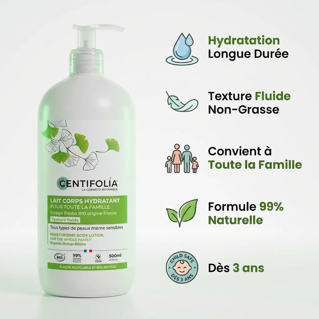 Lait corps hydratant Centifolia 500ml avec ses bénéfices: hydratation longue durée, texture fluide, formule naturelle, convient toute famille