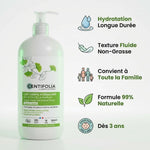 Lait corps hydratant Centifolia 500ml avec ses bénéfices: hydratation longue durée, texture fluide, formule naturelle, convient toute famille