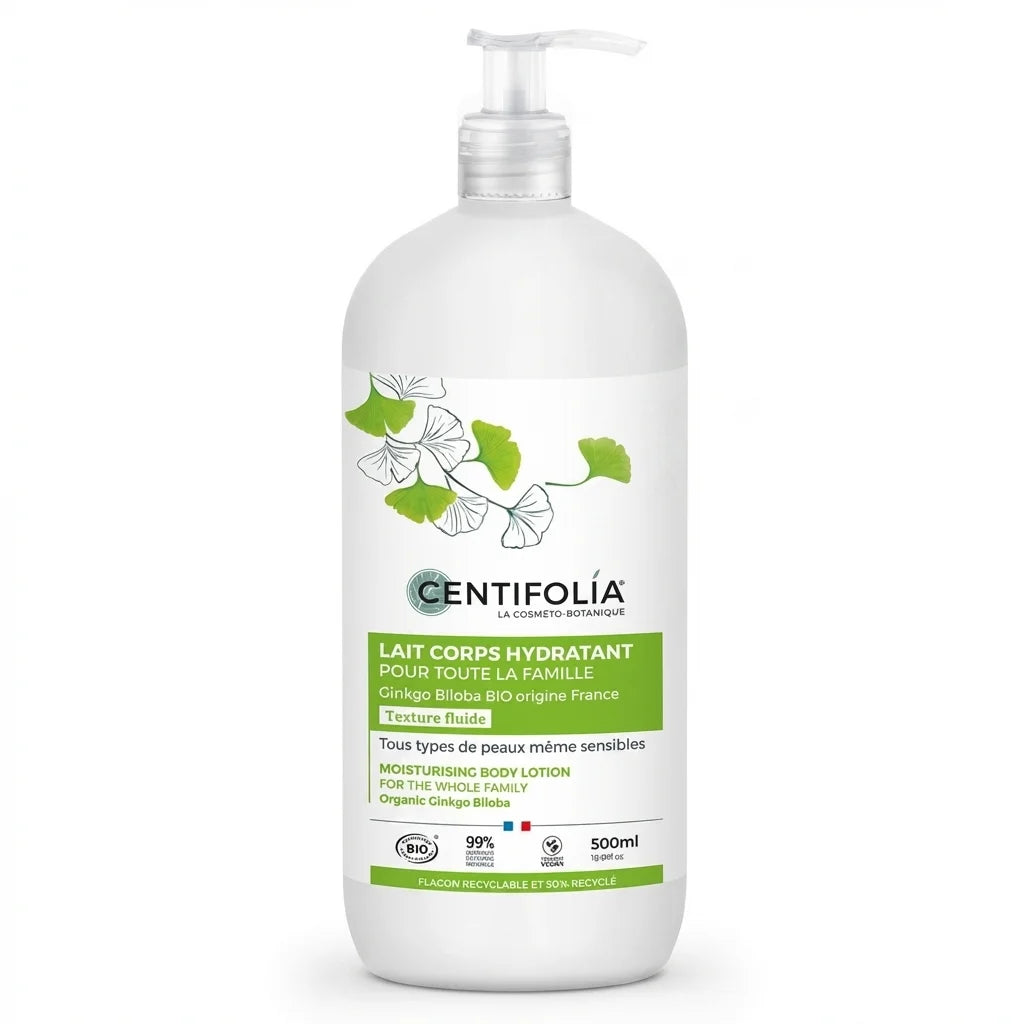Lait corps hydratant Centifolia 500ml blanc avec pompe et illustration ginkgo biloba