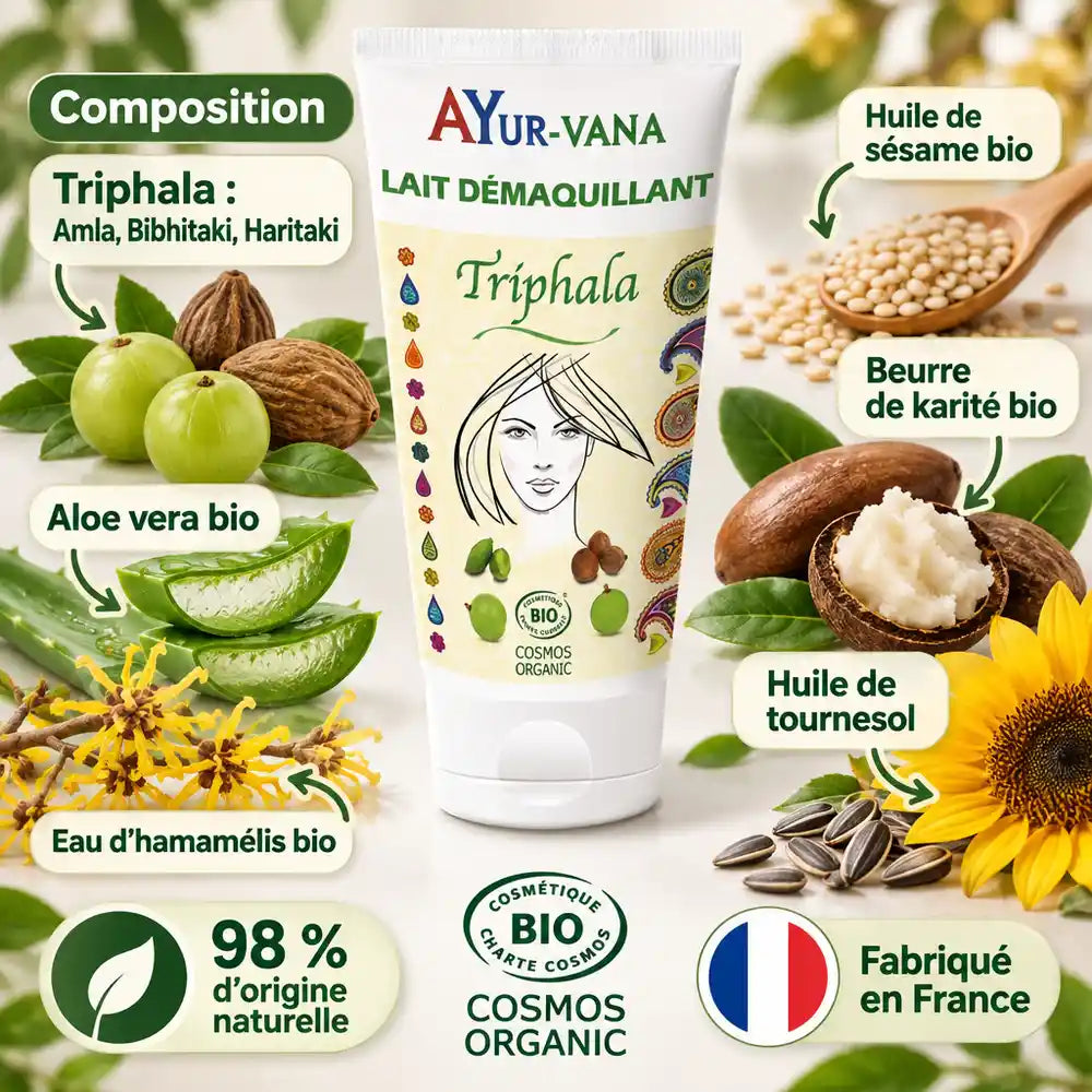 Tube de lait démaquillant Triphala AyurVana 150 ml entouré d'amla, aloe vera et ingrédients bio naturels