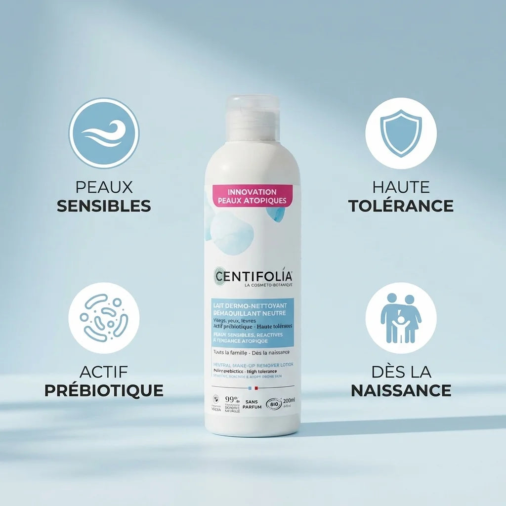 Lait démaquillant Centifolia bio 200ml, peaux sensibles, haute tolérance et actif prébiotique