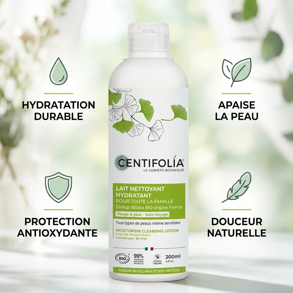 Lait nettoyant hydratant Centifolia 200ml avec bénéfices : hydratation, apaisement, protection antioxydante